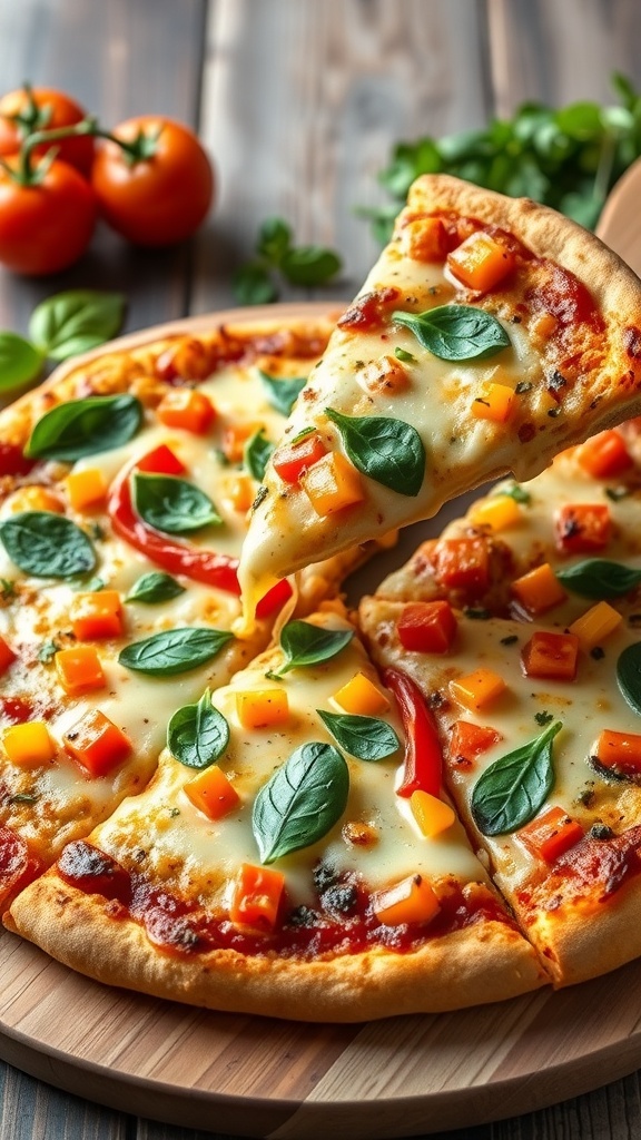 Chicken crust pizza topped with cheese, bell peppers, and spinach on a wooden board.